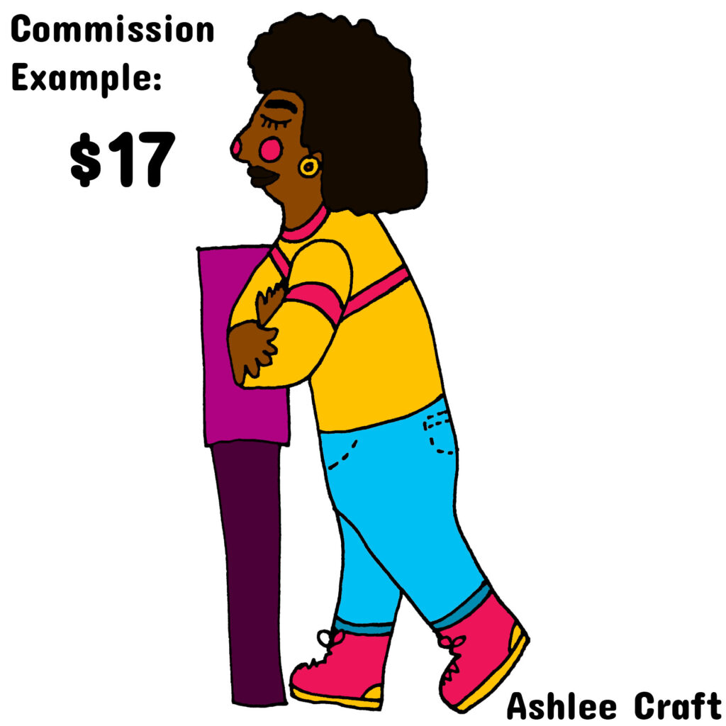 [IMAGE ID: An illustration of a Black femme person with Afro hair wearing a yellow sweatshirt with a few pink stripes, blue jeans, & pink boots with yellow soles leaning on a purple railing on a white background. She has gold hoop earrings & she has pink blush circles on her cheeks & end of her nose. Her arms crossed & her eyes are closed as she looks relaxed & reverent. Text reads: Commission Example: $17. END ID]